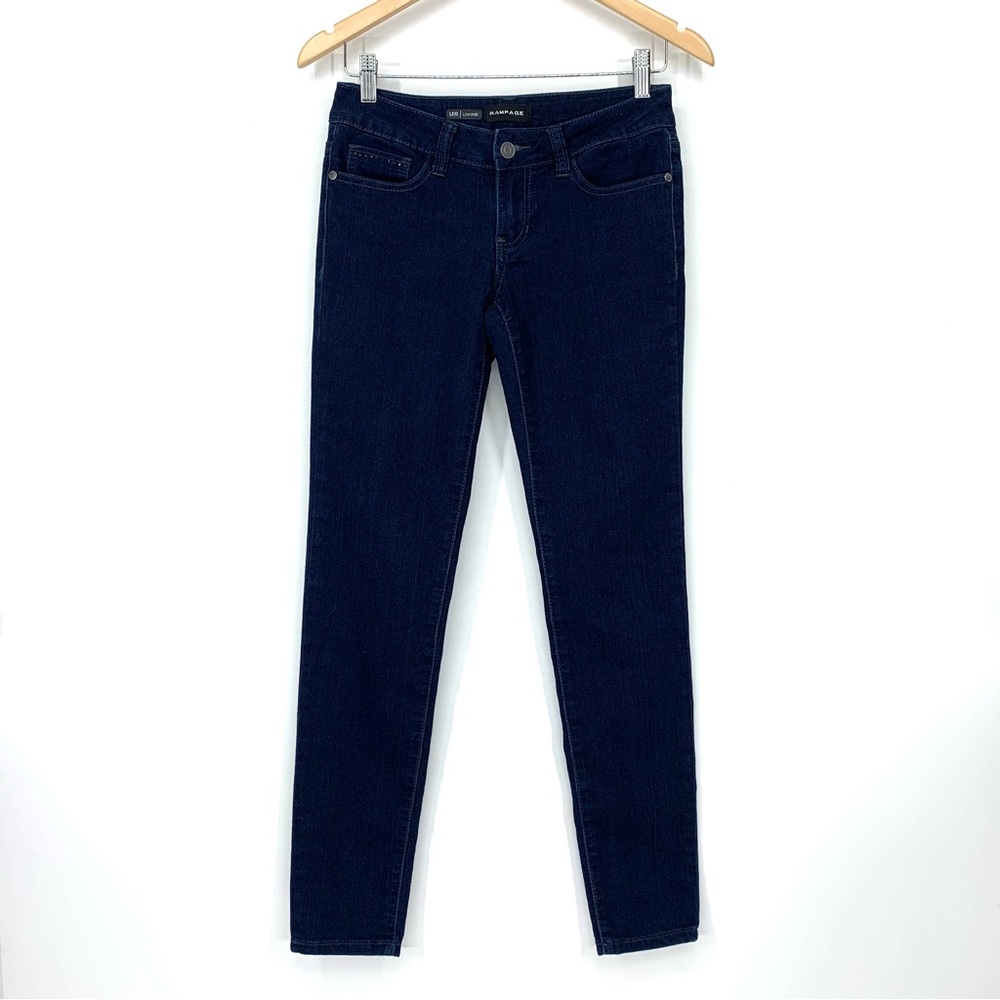 Rampage Lexi Low Rise Dark Wash Blue Skinny Jeans With Rhinestone Studs Size 5